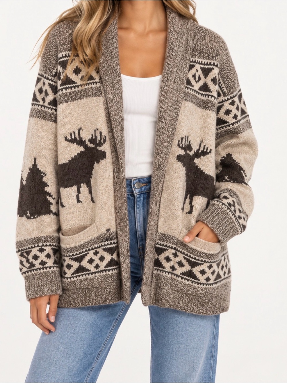 Women’s Vintage Abercrombie & Fitch Taupe & Dark Brown Moose Fair Cardigan